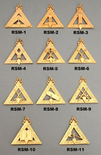 RSM-1 Illustrious Master, RSM-2 Deputy Master, RSM-3 Cond. of Work, RSM-4 Recorder, RSM-5 Treasurer, RSM-6 Marshal, RSM-7 Steward, RSM-8 Cond. of Council, RSM-9 Sentinel, RSM-10 Chaplain, RSM-11 Capt. of Guard